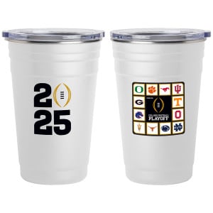 white tumbler with CFP 2025 logo on one side, 12 teams on other
